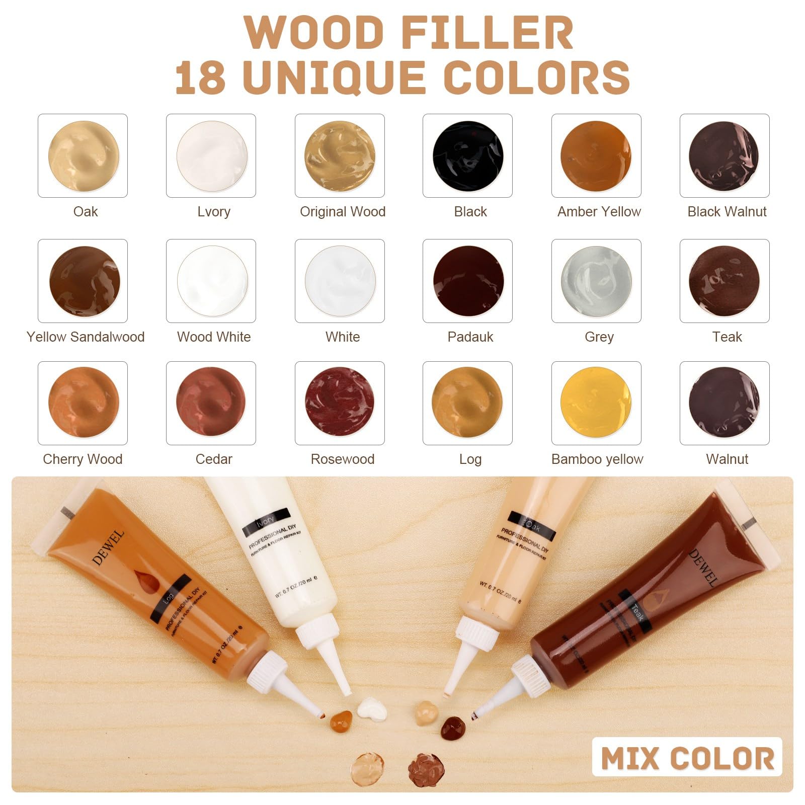 DEWEL 木製品補修キット 18色補修クリーム+木工パテ・蜜蝋100g付き 家具・フローリング用